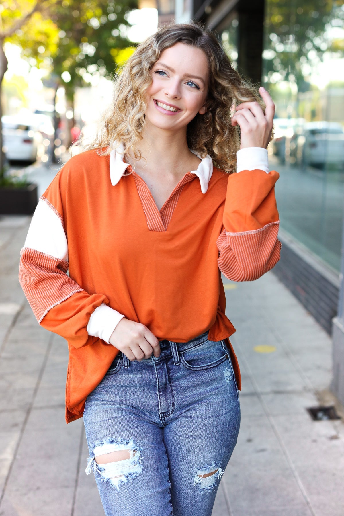 Haptics Rust Color Block Collared French Terry Top