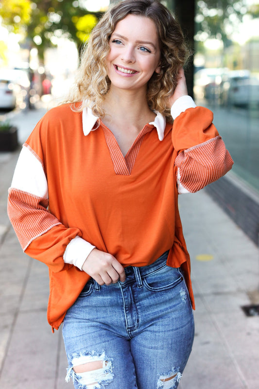 Haptics Rust Color Block Collared French Terry Top