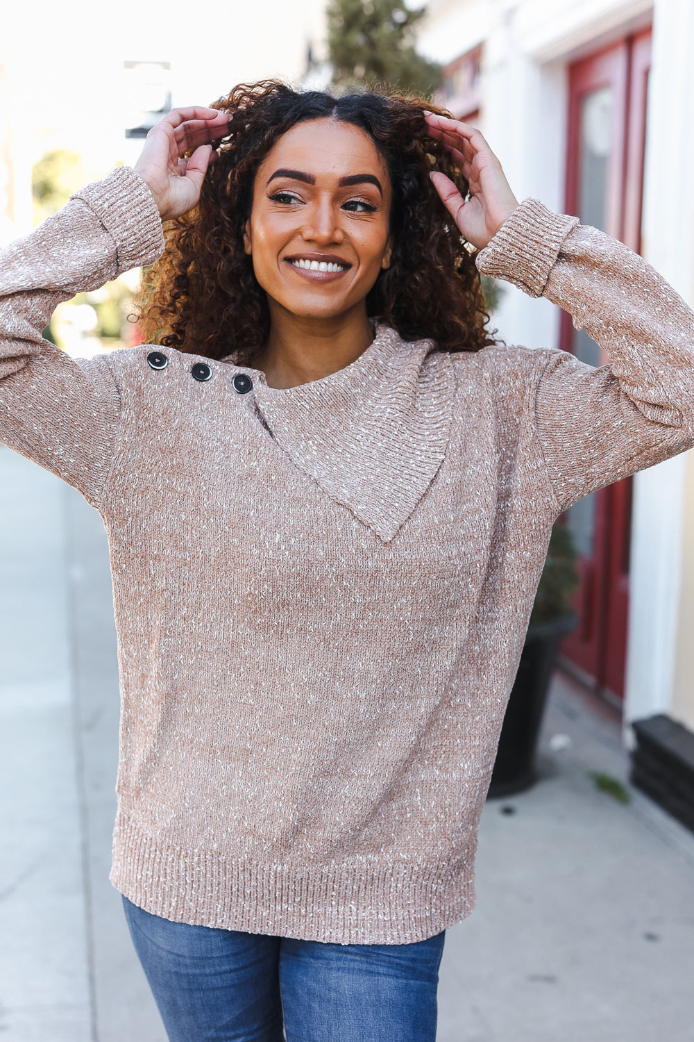 Marbled Taupe Rib Button Collared Sweater Pullover