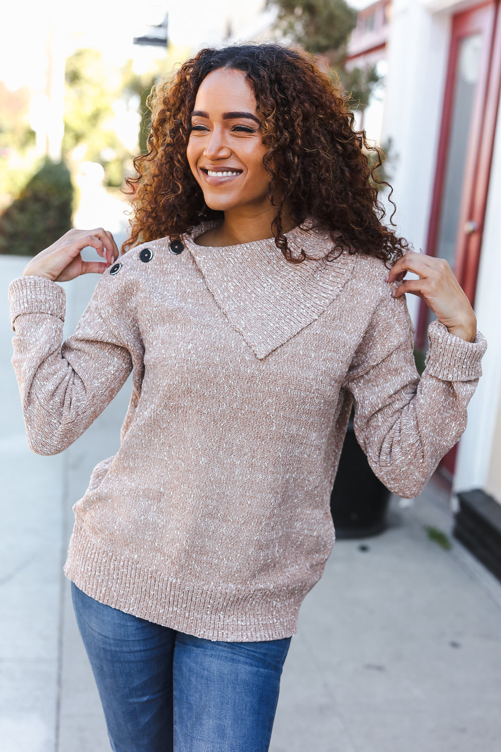 Marbled Taupe Rib Button Collared Sweater Pullover