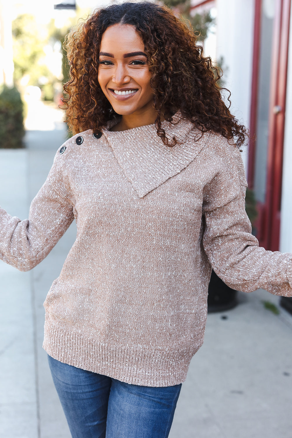 Marbled Taupe Rib Button Collared Sweater Pullover