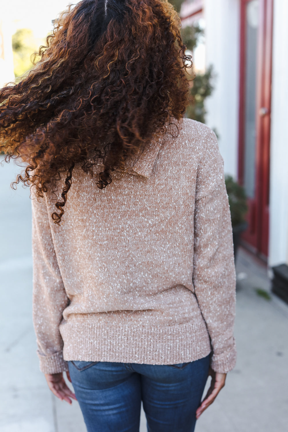 Marbled Taupe Rib Button Collared Sweater Pullover