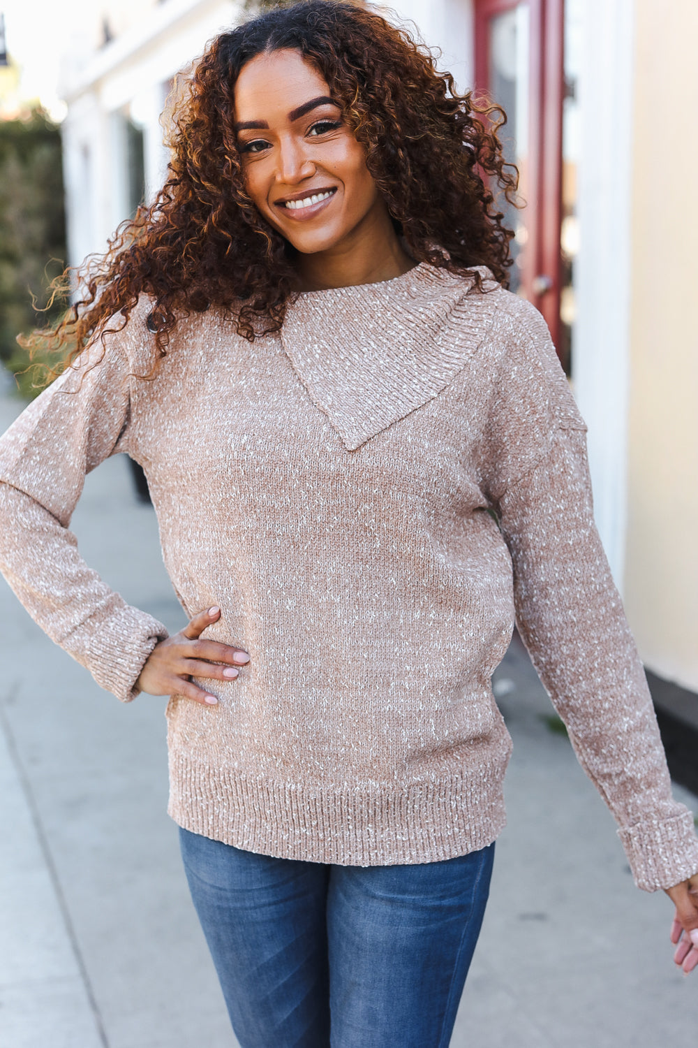 Marbled Taupe Rib Button Collared Sweater Pullover