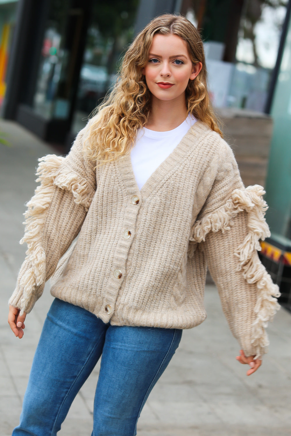 Oatmeal V Neck Fringe Chunky Cable Cardigan