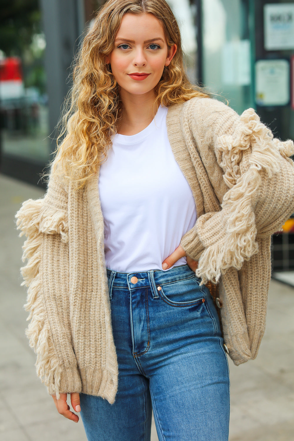 Oatmeal V Neck Fringe Chunky Cable Cardigan