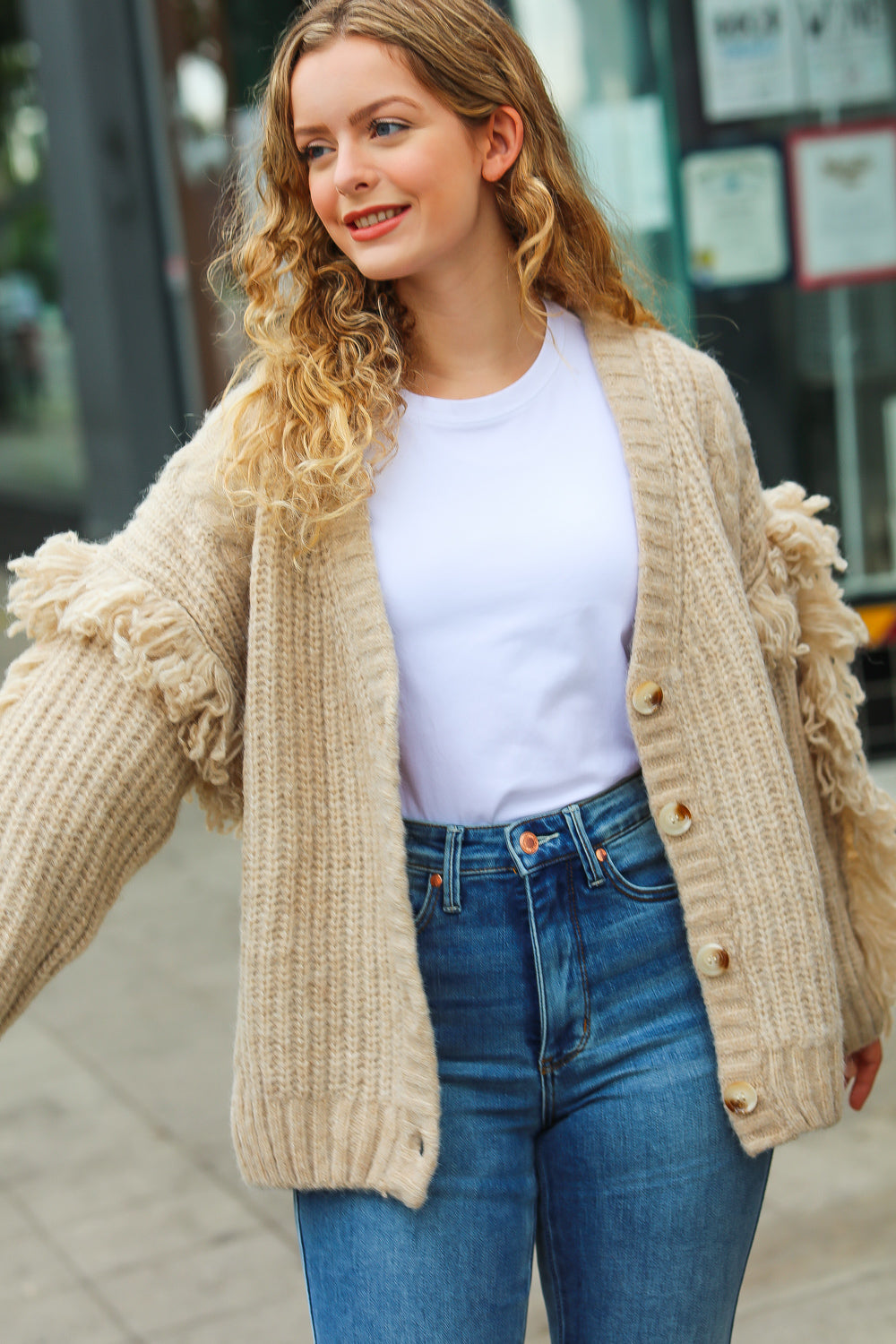 Oatmeal V Neck Fringe Chunky Cable Cardigan