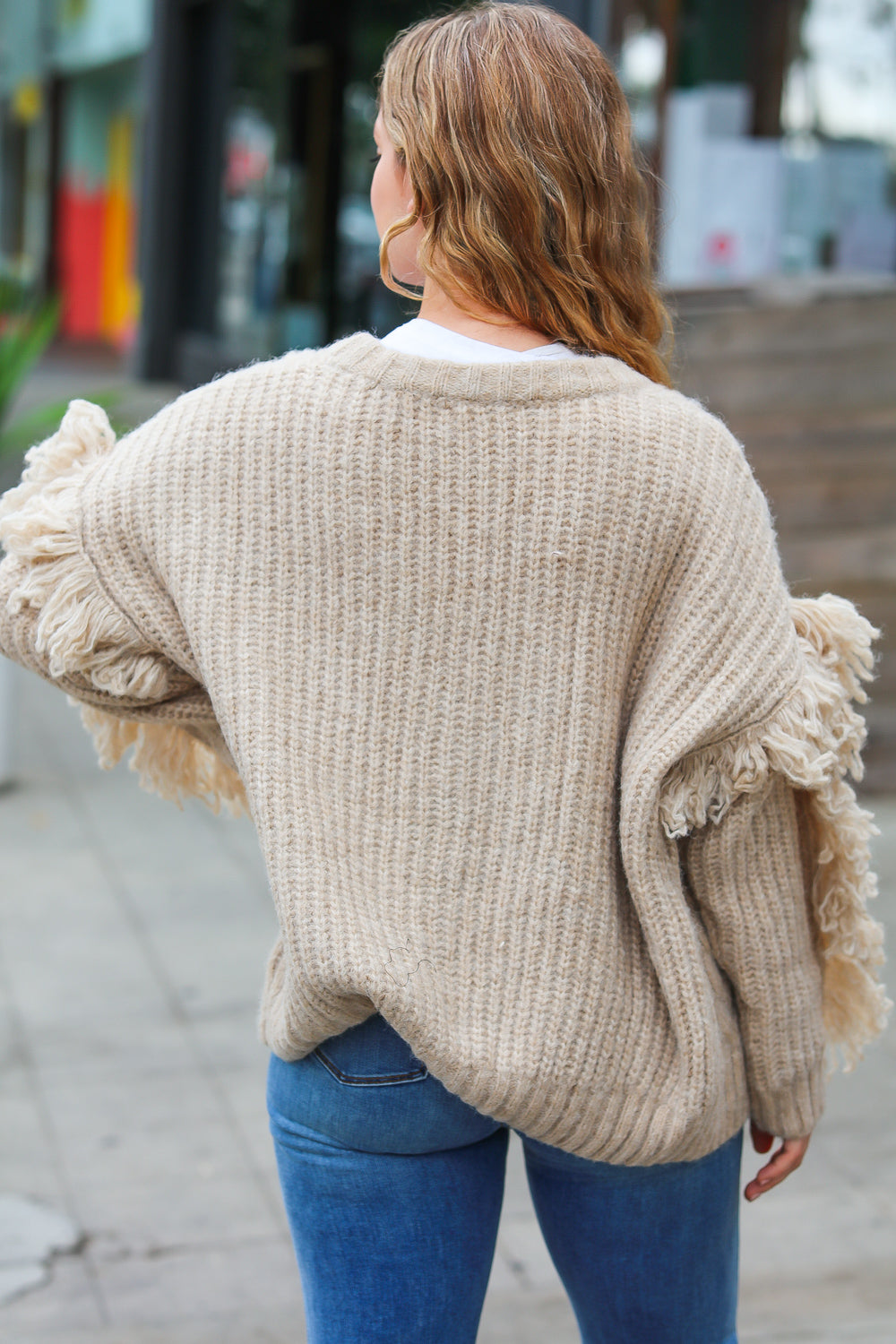 Oatmeal V Neck Fringe Chunky Cable Cardigan