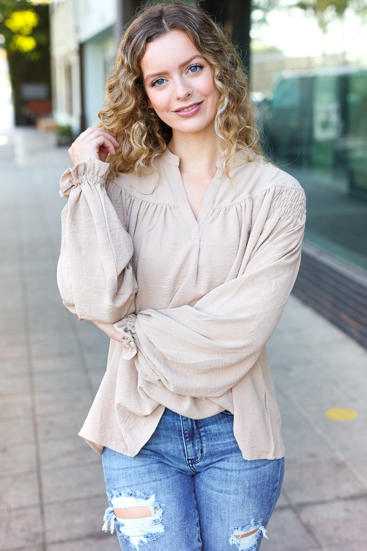 Haptics Taupe Notched Neck Smocked Bubble Sleeve Top