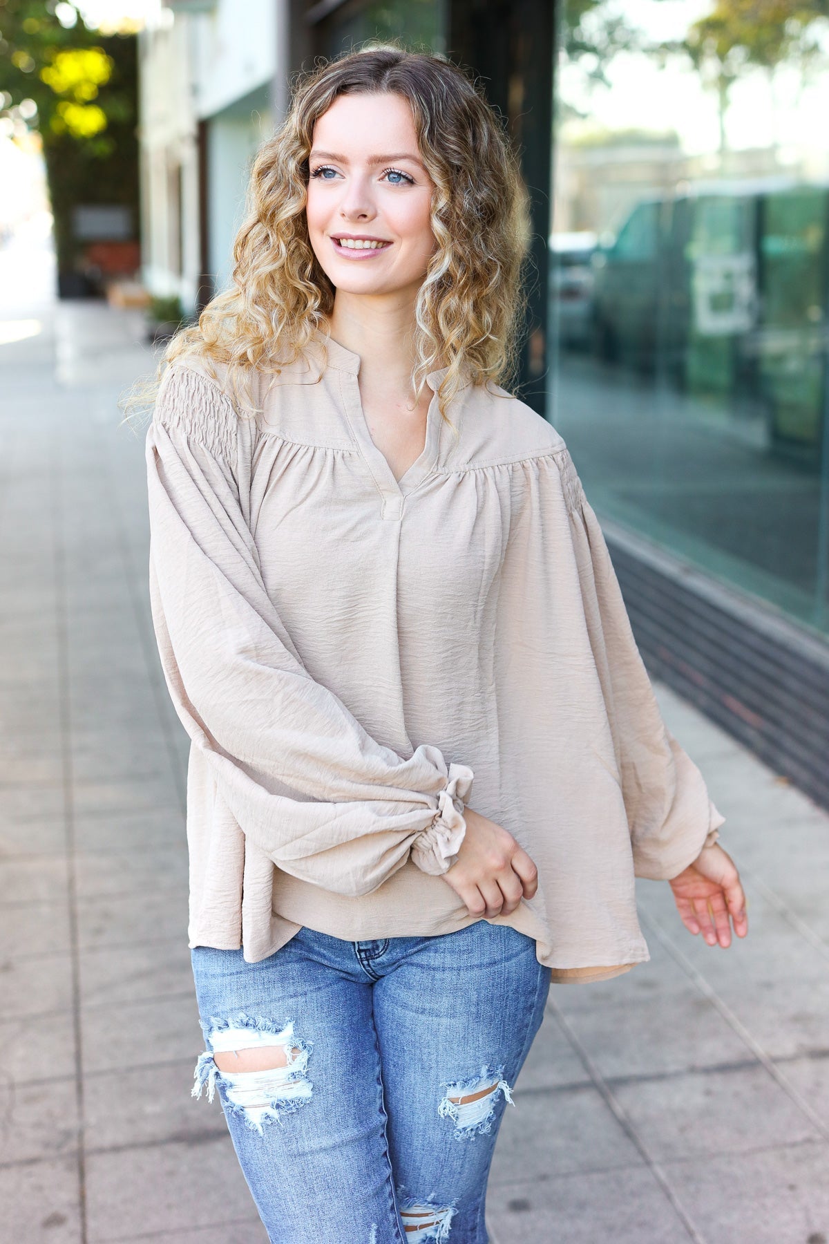 Haptics Taupe Notched Neck Smocked Bubble Sleeve Top