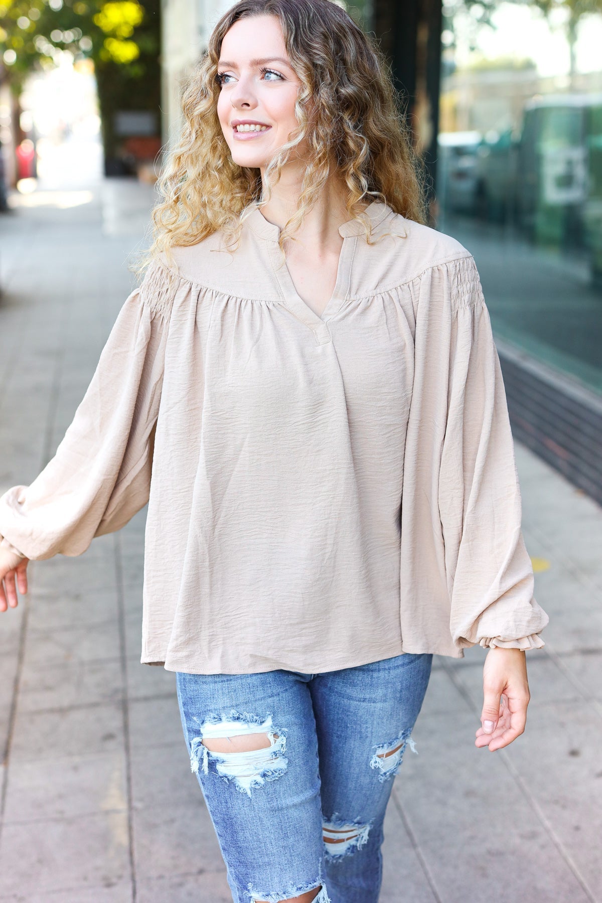 Haptics Taupe Notched Neck Smocked Bubble Sleeve Top