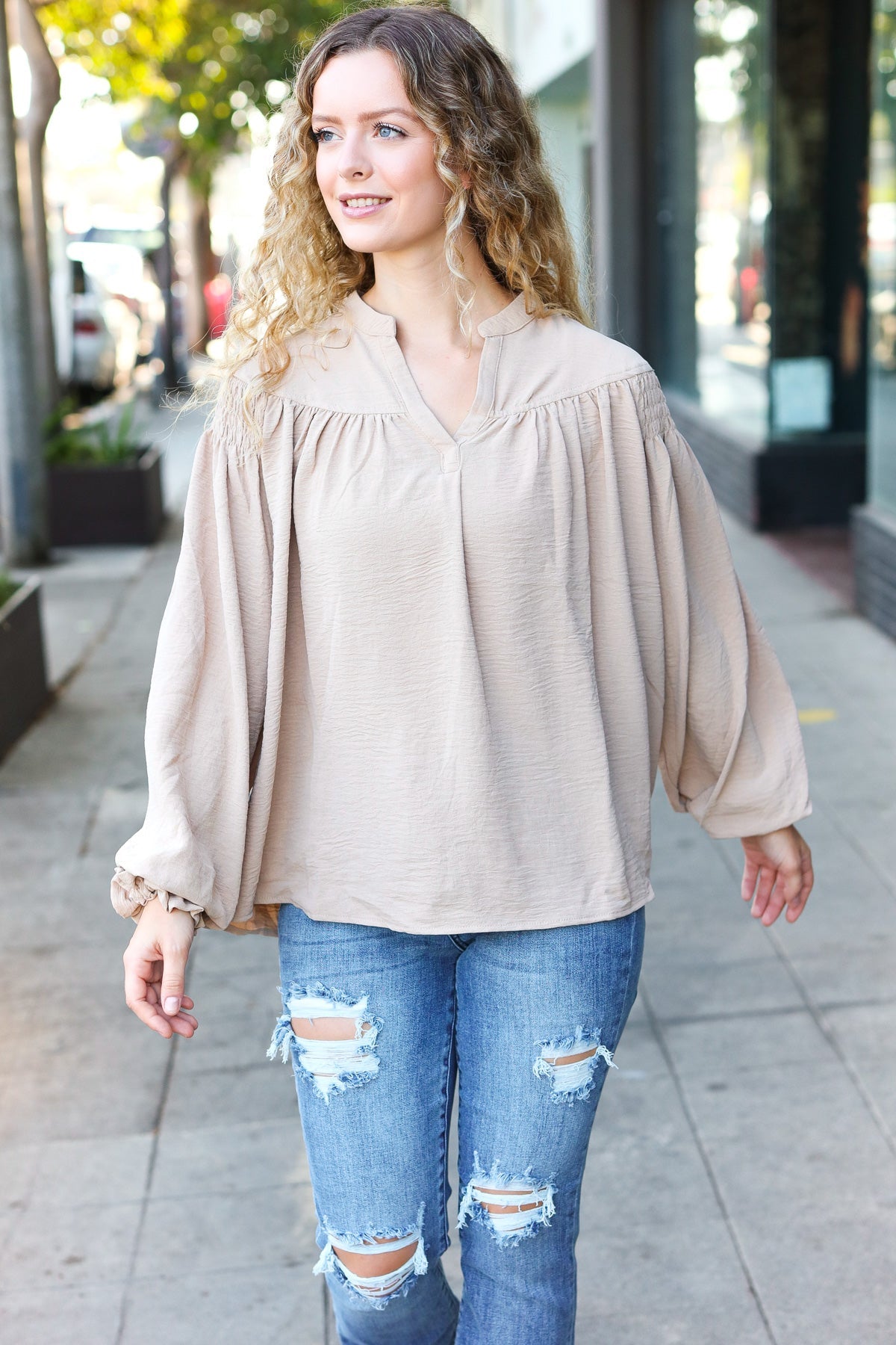 Haptics Taupe Notched Neck Smocked Bubble Sleeve Top