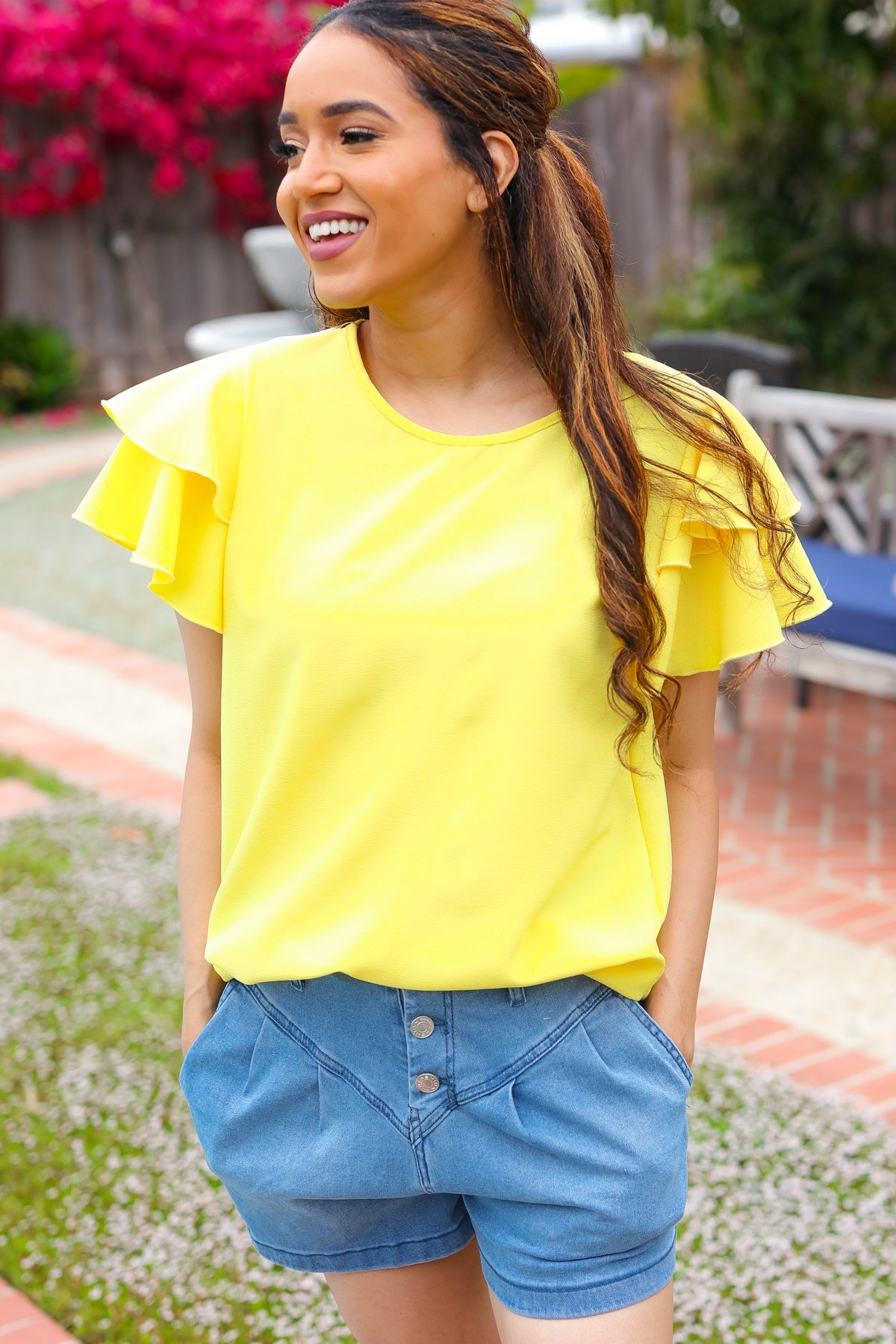 Haptics Yellow Tiered Double Ruffle Sleeve Woven Top