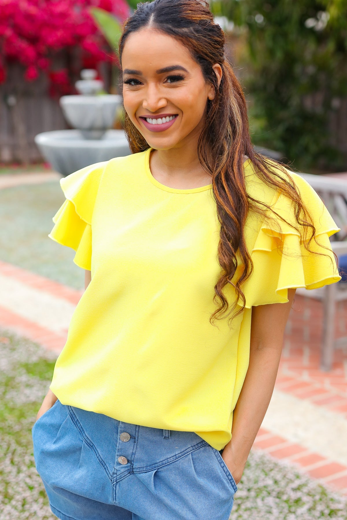 Haptics Yellow Tiered Double Ruffle Sleeve Woven Top