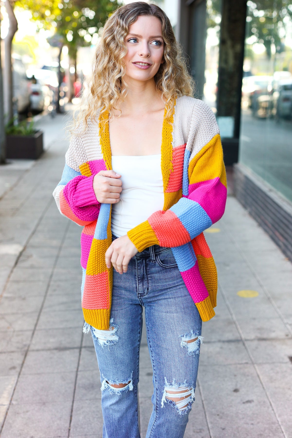 Haptics Multicolor Chunky Knit Color Block Patchwork Cardigan