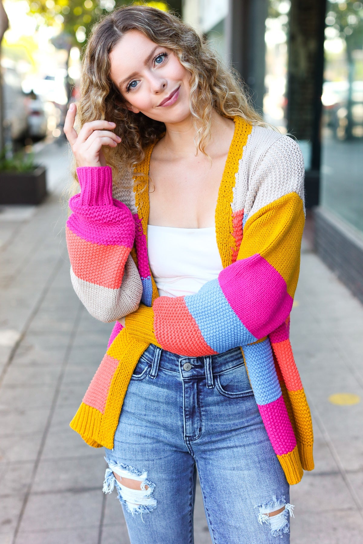 Haptics Multicolor Chunky Knit Color Block Patchwork Cardigan