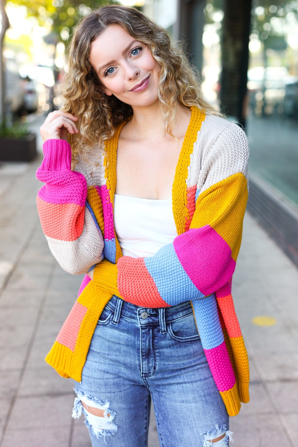 Haptics Multicolor Chunky Knit Color Block Patchwork Cardigan