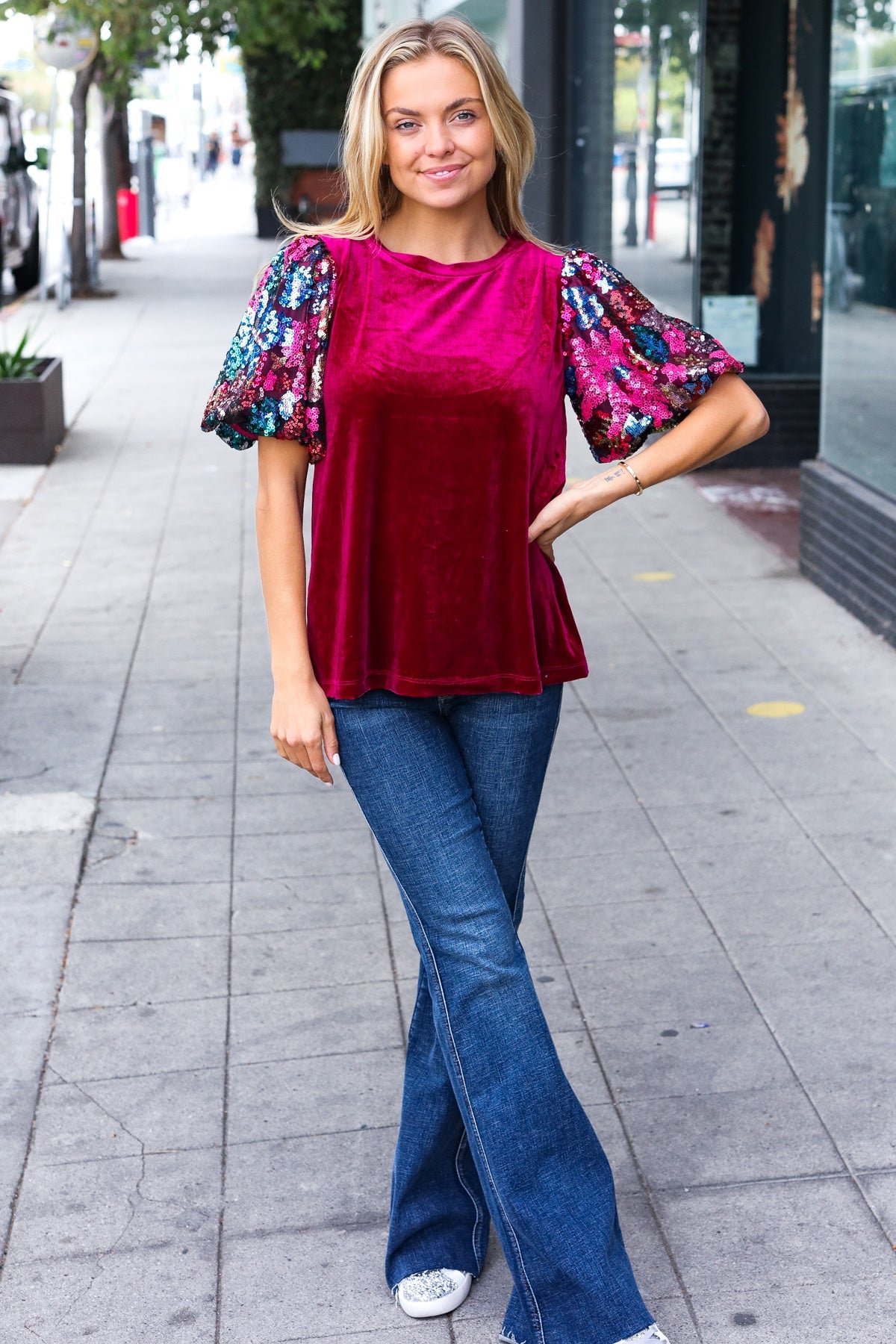 Haptics Wine Floral Sequin Puff Sleeve Velvet Top