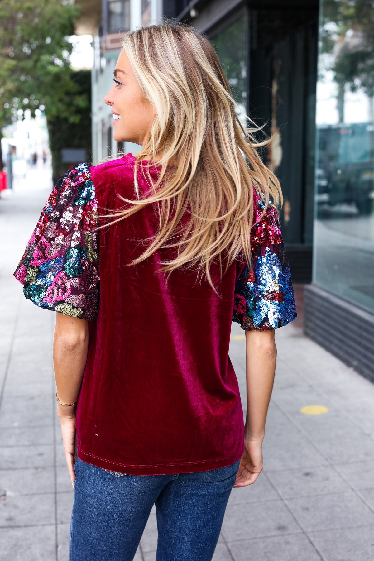 Haptics Wine Floral Sequin Puff Sleeve Velvet Top