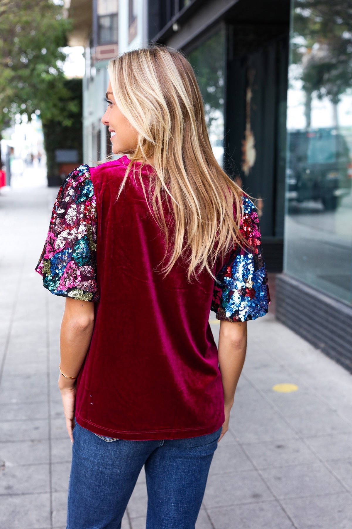 Haptics Wine Floral Sequin Puff Sleeve Velvet Top