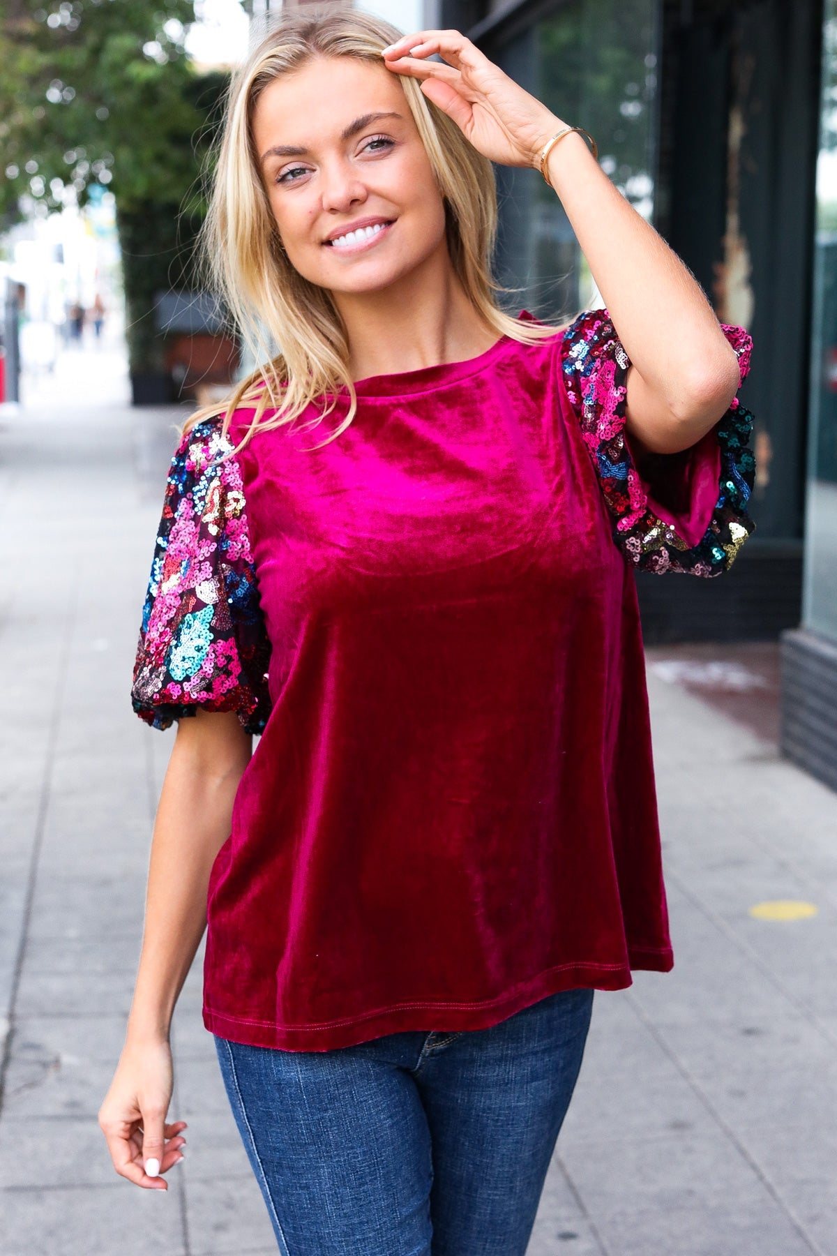 Haptics Wine Floral Sequin Puff Sleeve Velvet Top