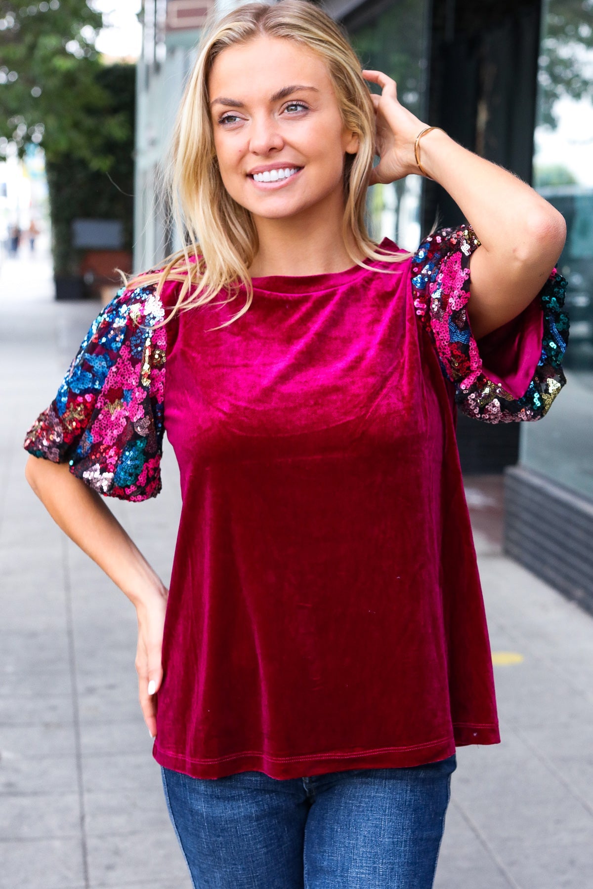 Haptics Wine Floral Sequin Puff Sleeve Velvet Top