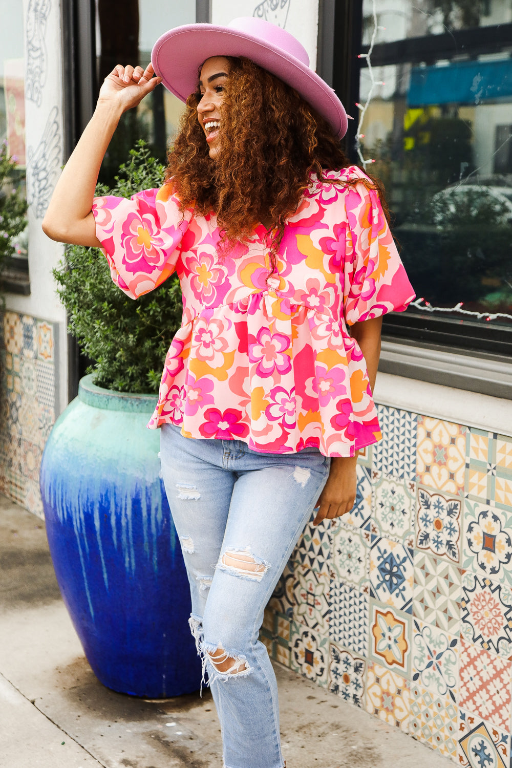 Haptics Pink/Yellow Floral Frill Balloon Short Sleeve Top