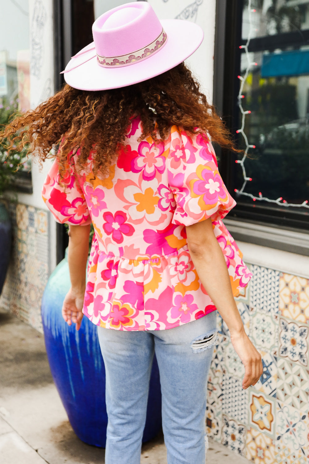 Haptics Pink/Yellow Floral Frill Balloon Short Sleeve Top