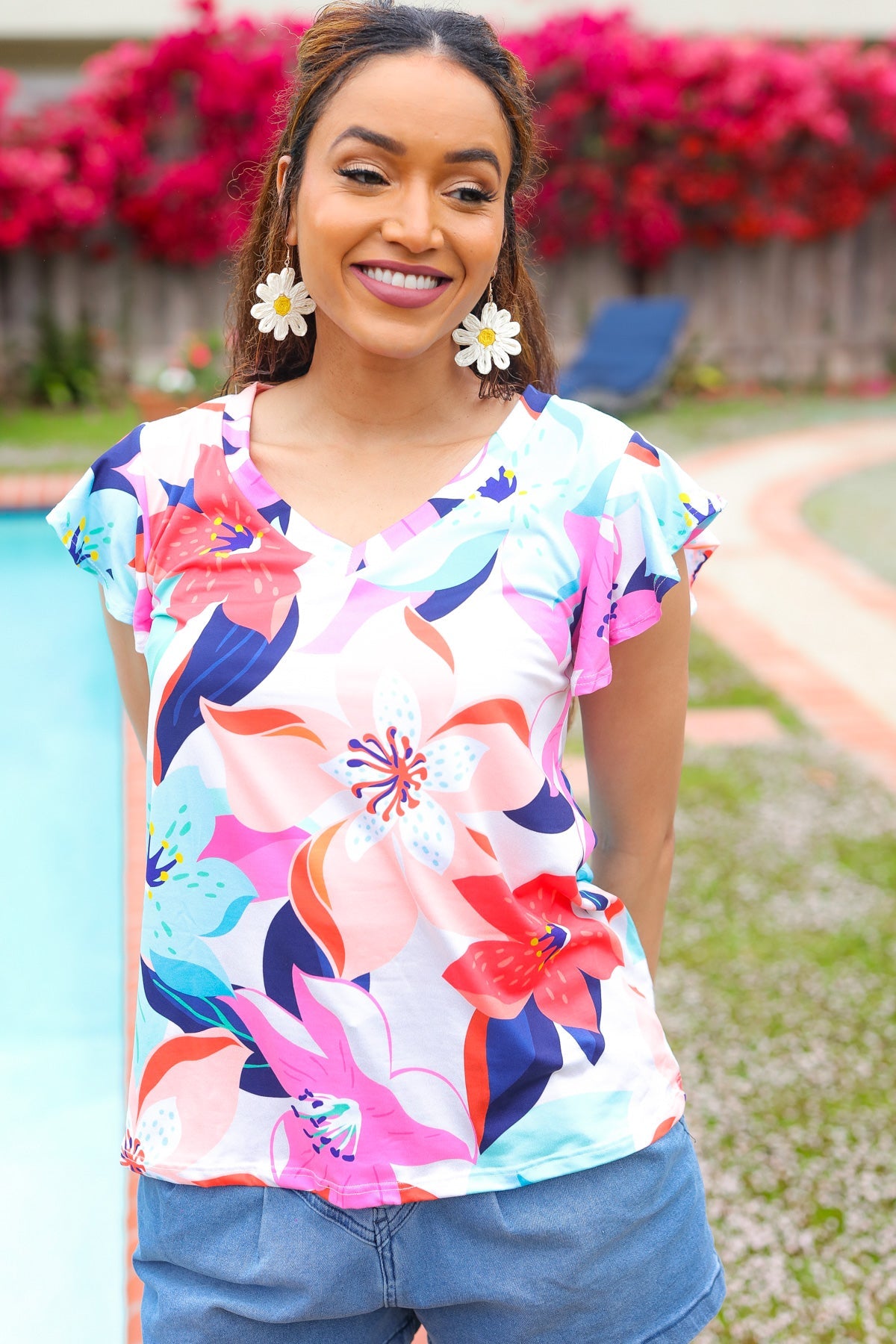 Haptics Coral Tropical Print Flutter Sleeve Top