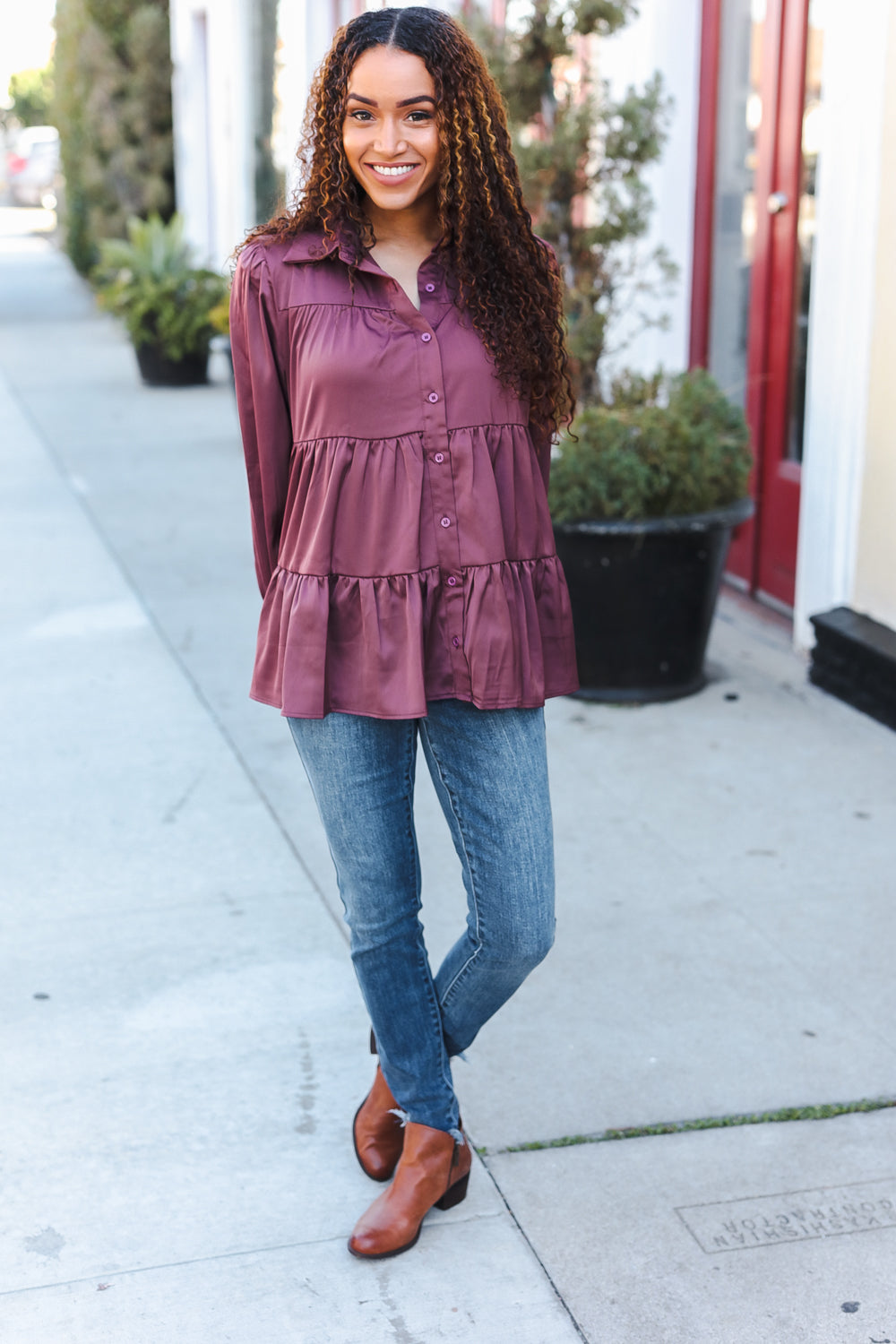 Haptics Burgundy Button Down Tiered Babydoll Satin Top