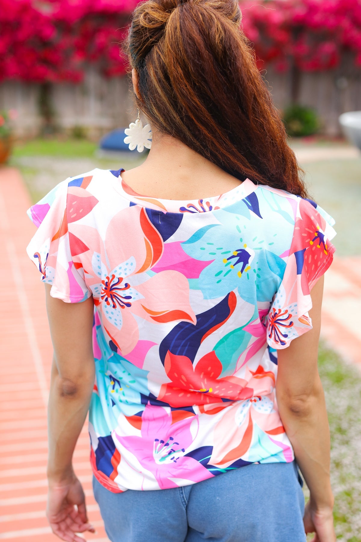 Haptics Coral Tropical Print Flutter Sleeve Top