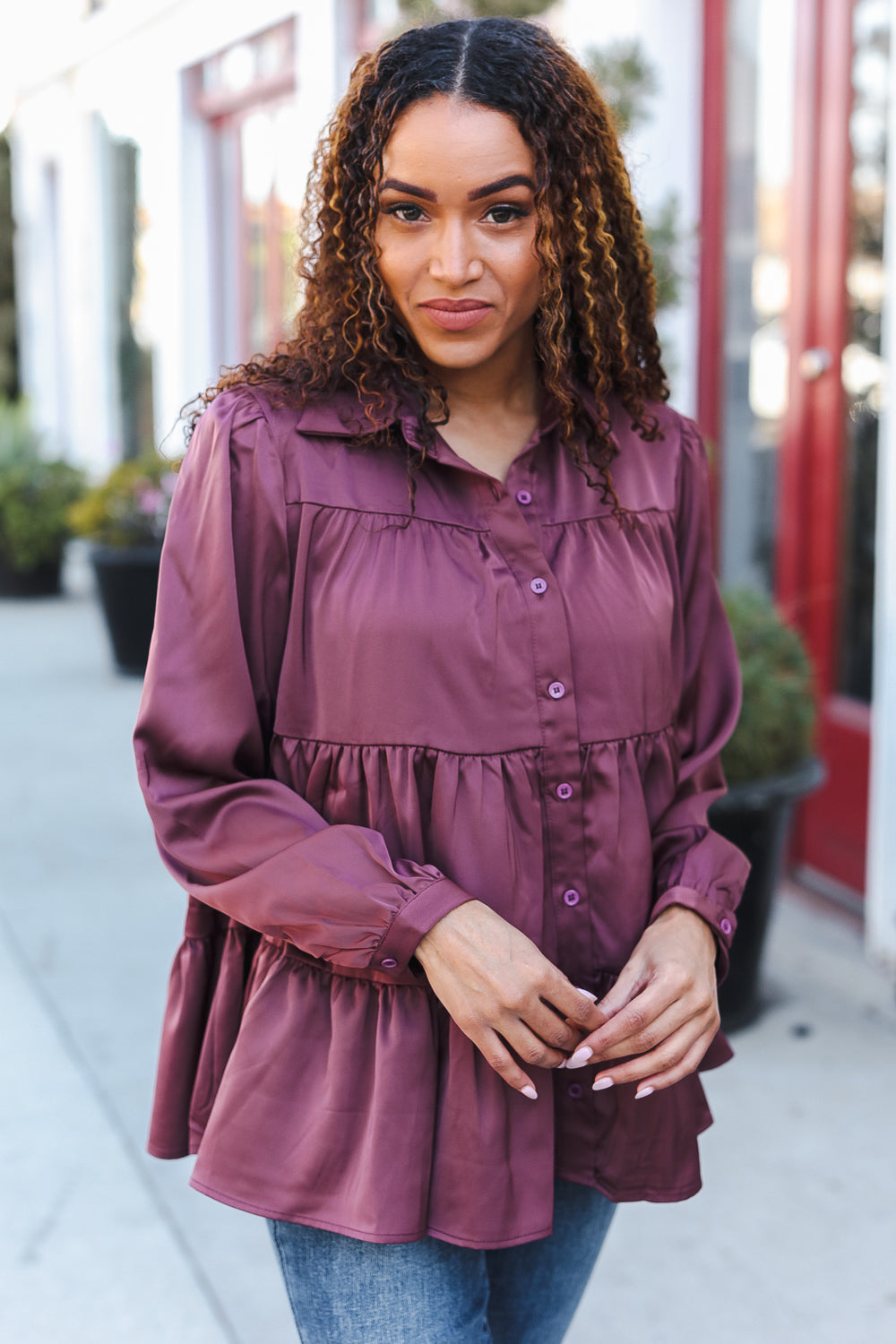 Haptics Burgundy Button Down Tiered Babydoll Satin Top