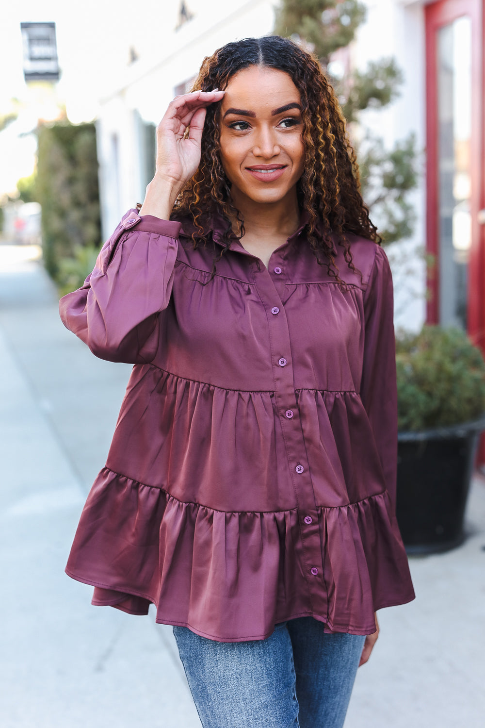 Haptics Burgundy Button Down Tiered Babydoll Satin Top