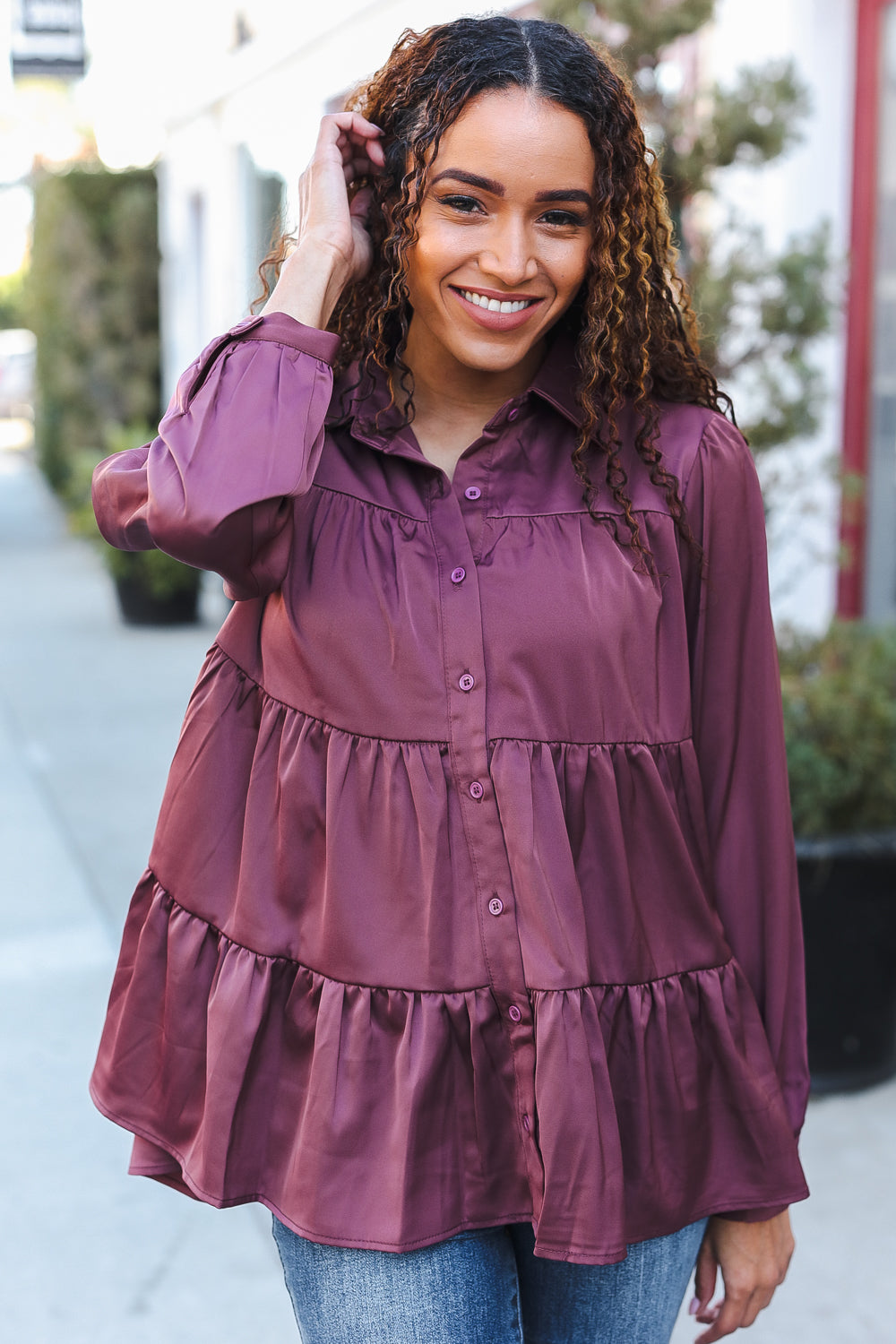 Haptics Burgundy Button Down Tiered Babydoll Satin Top