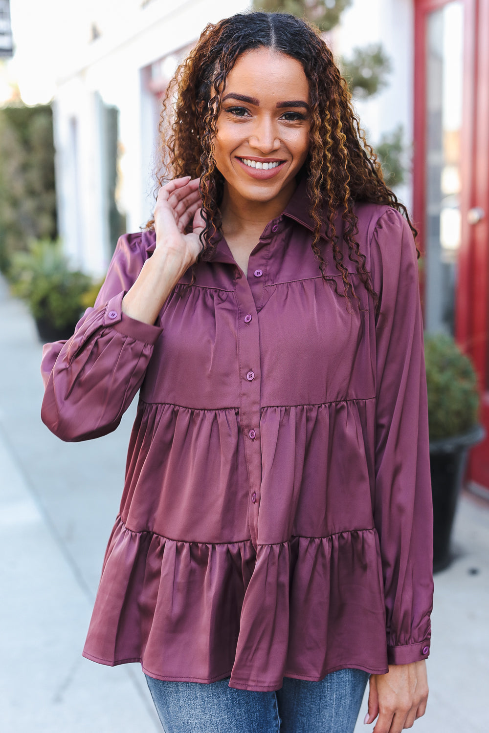 Haptics Burgundy Button Down Tiered Babydoll Satin Top