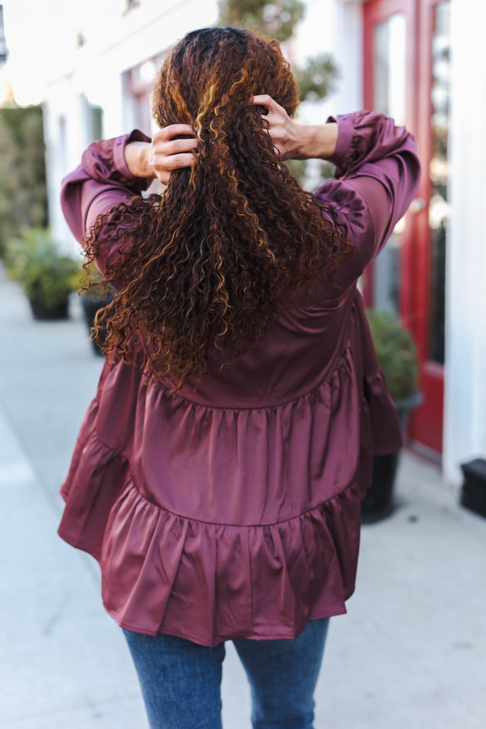 Haptics Burgundy Button Down Tiered Babydoll Satin Top