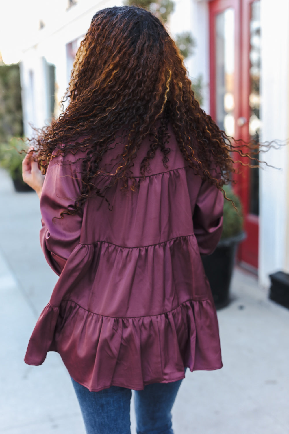 Haptics Burgundy Button Down Tiered Babydoll Satin Top