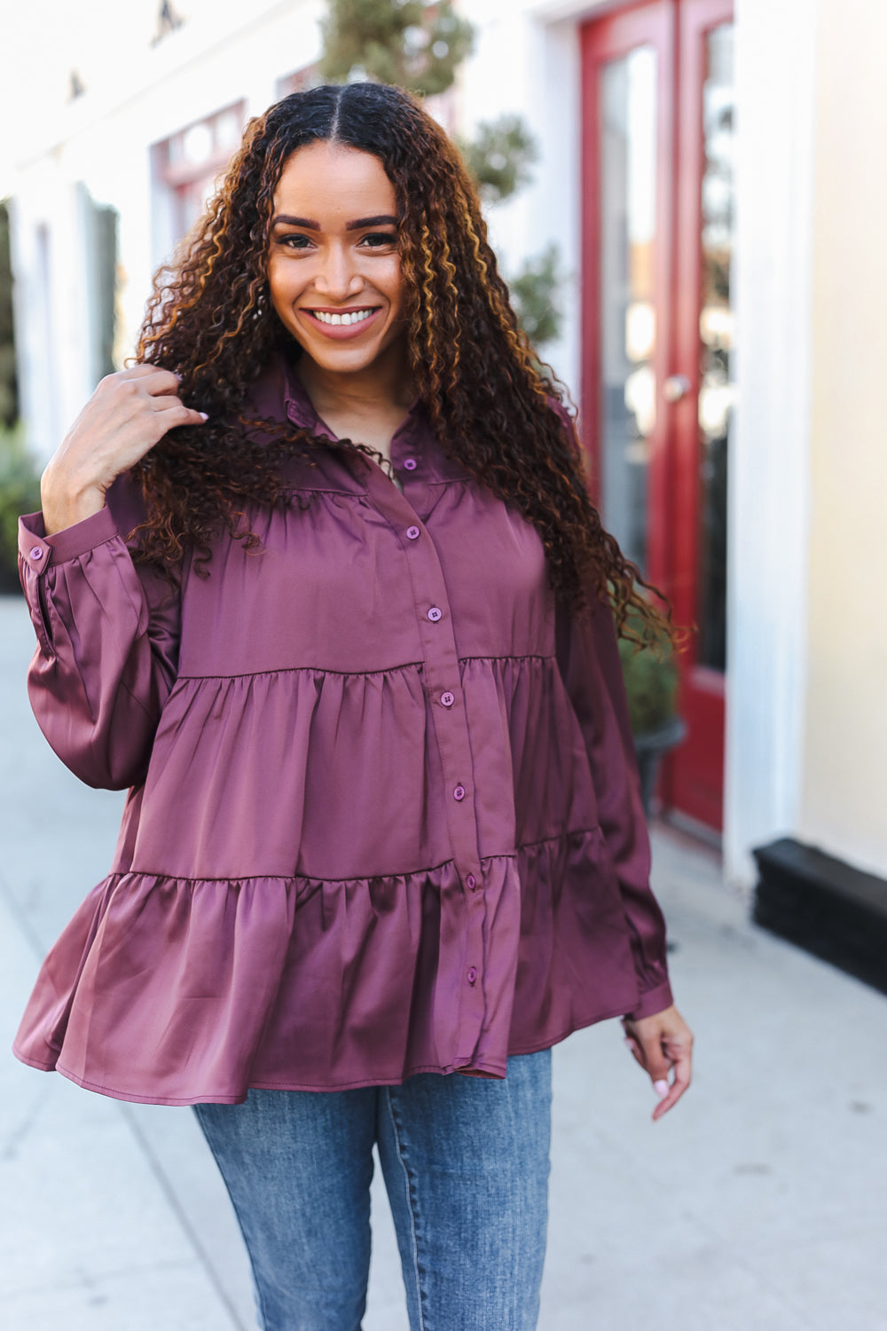 Haptics Burgundy Button Down Tiered Babydoll Satin Top