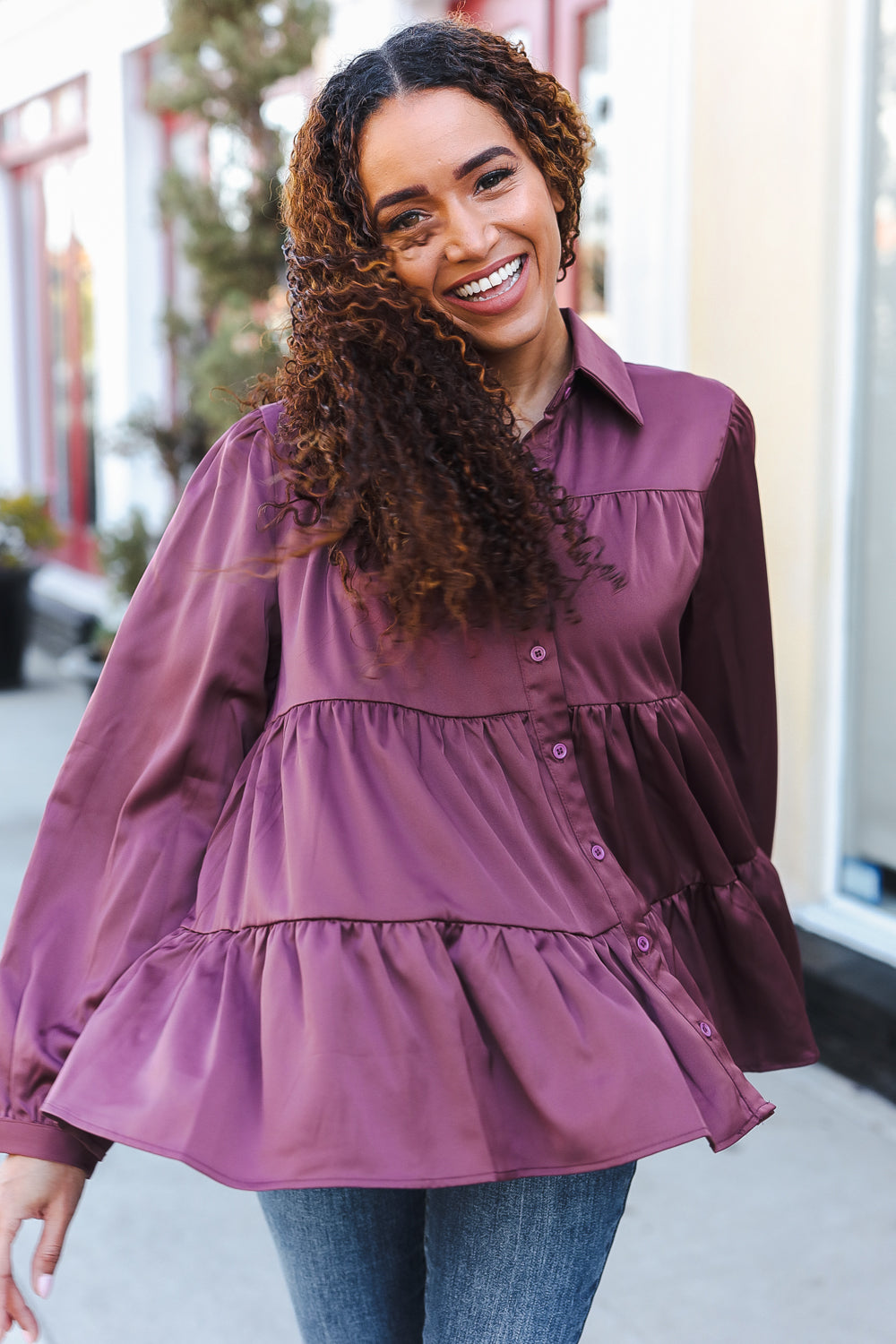 Haptics Burgundy Button Down Tiered Babydoll Satin Top