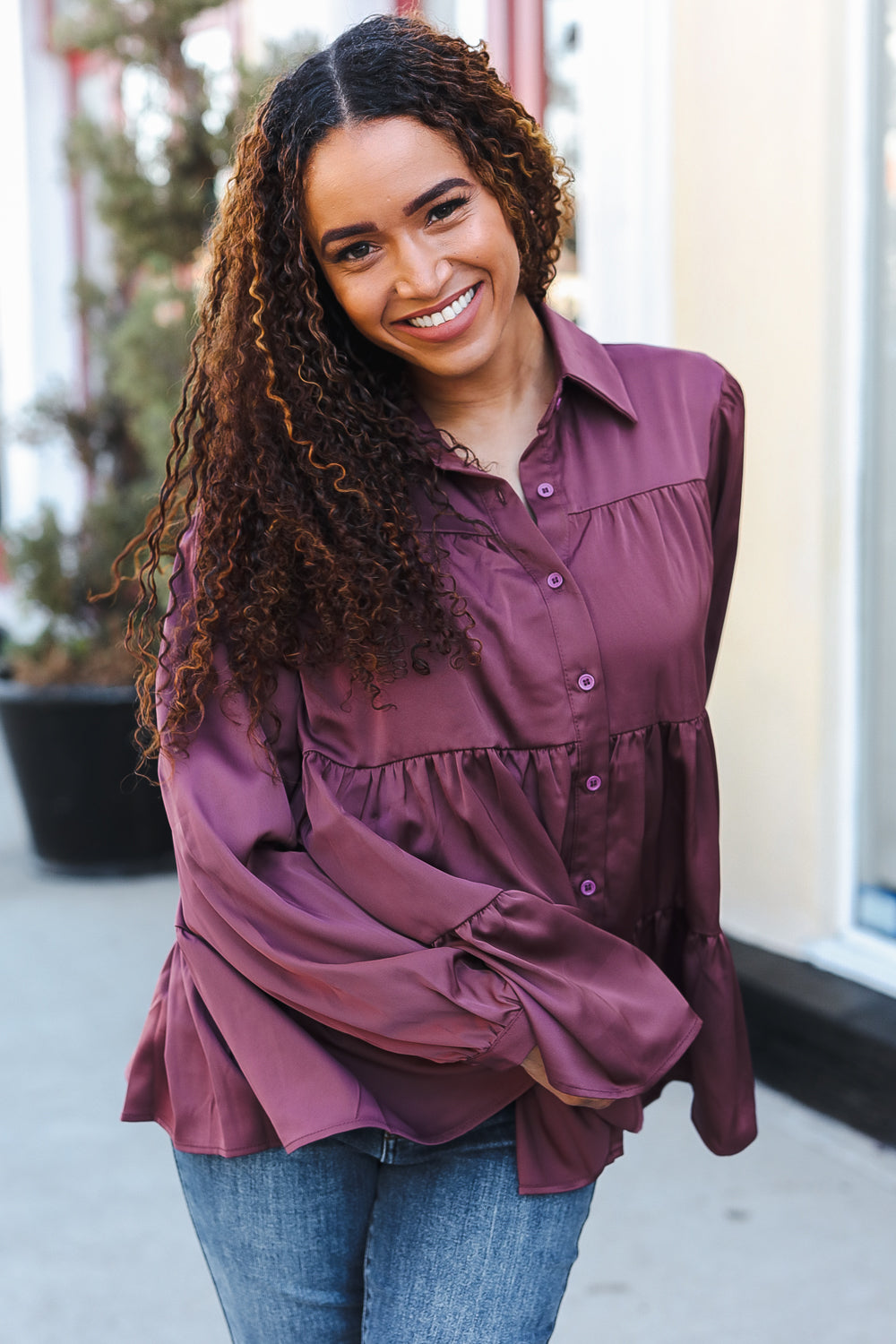 Haptics Burgundy Button Down Tiered Babydoll Satin Top