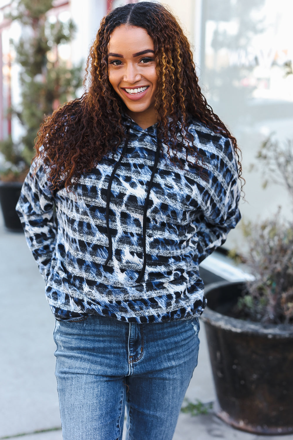 First Love Blue & Black Animal Print Stripe Hoodie