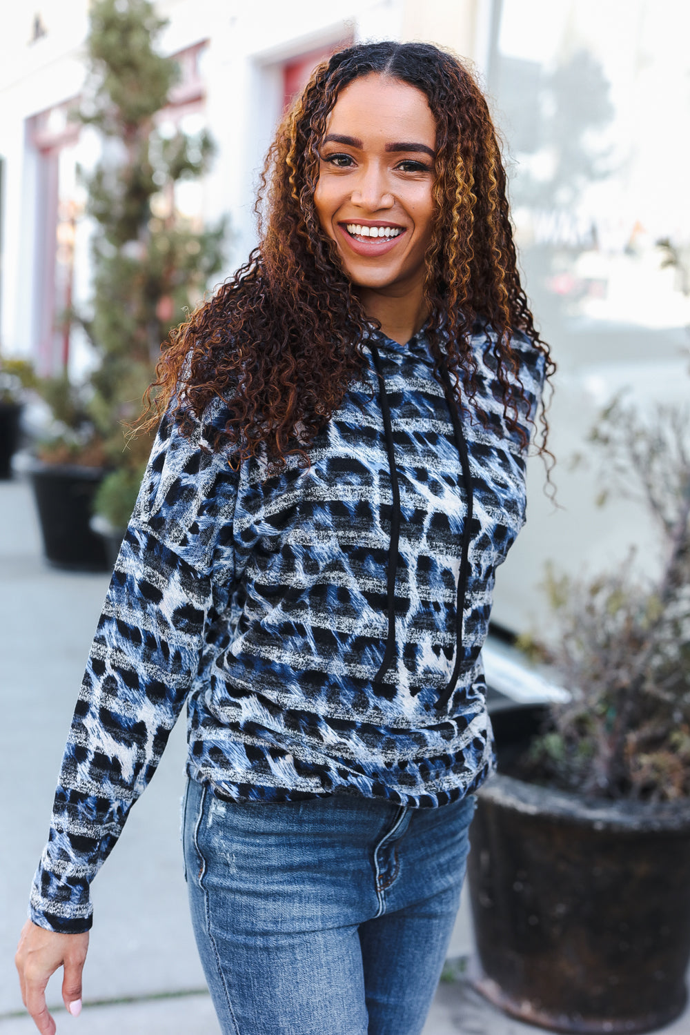 First Love Blue & Black Animal Print Stripe Hoodie