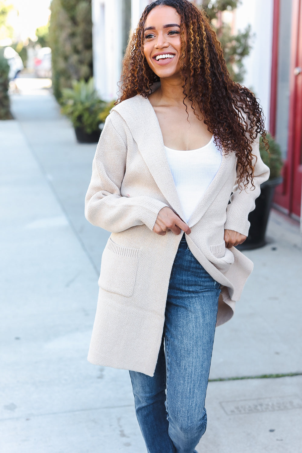 Zenana Taupe Open Sweater Cardigan Hoodie With Pockets