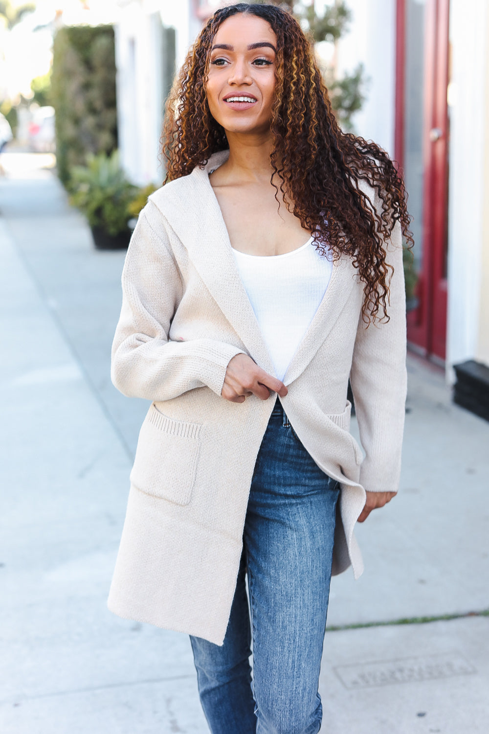 Zenana Taupe Open Sweater Cardigan Hoodie With Pockets