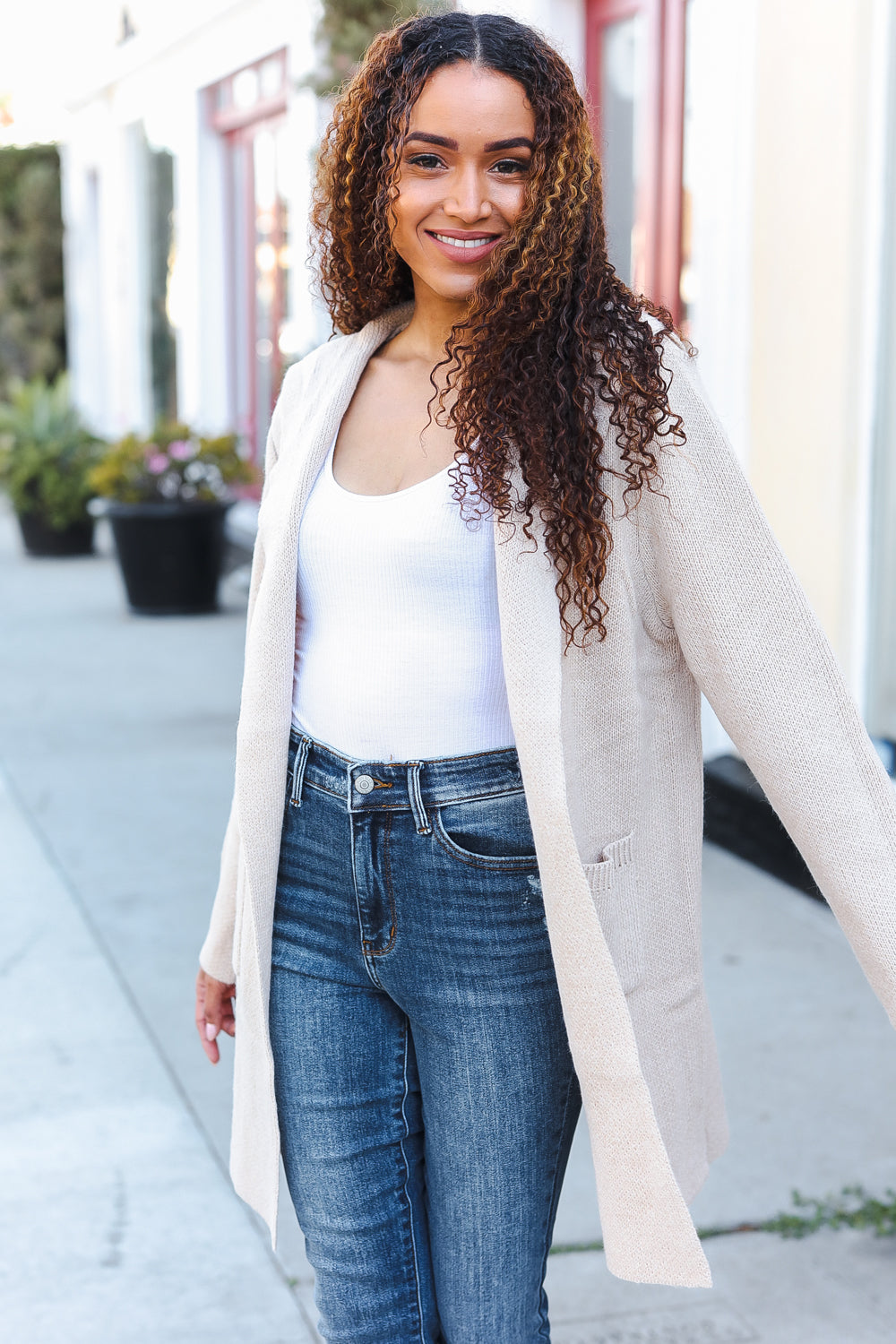 Zenana Taupe Open Sweater Cardigan Hoodie With Pockets