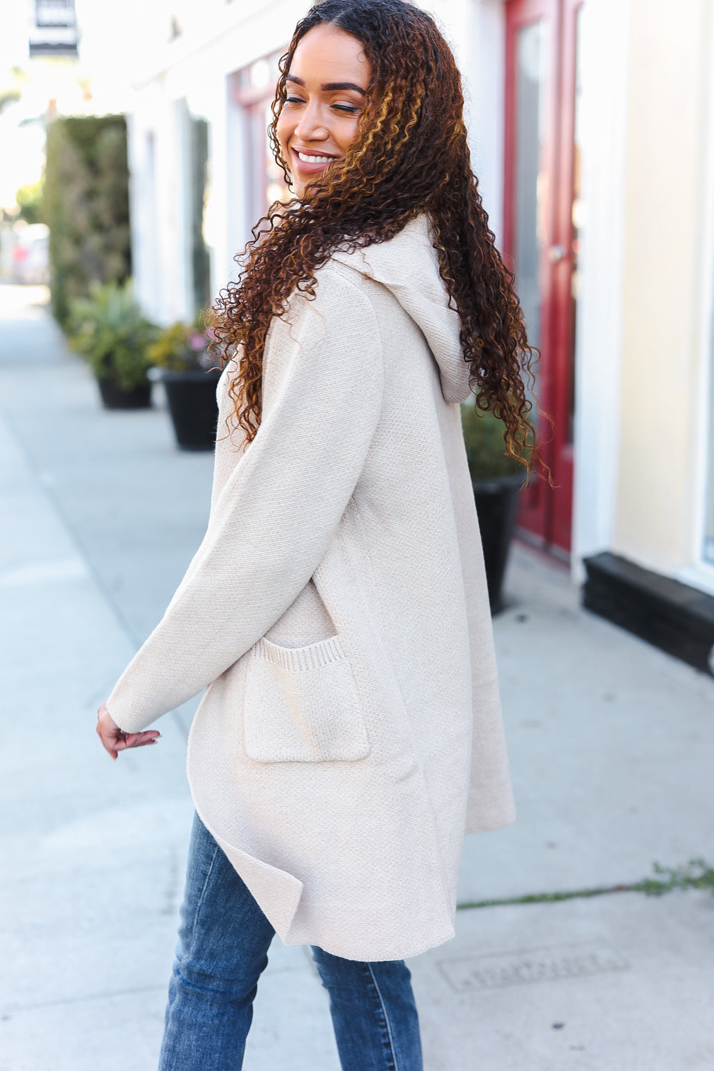 Zenana Taupe Open Sweater Cardigan Hoodie With Pockets