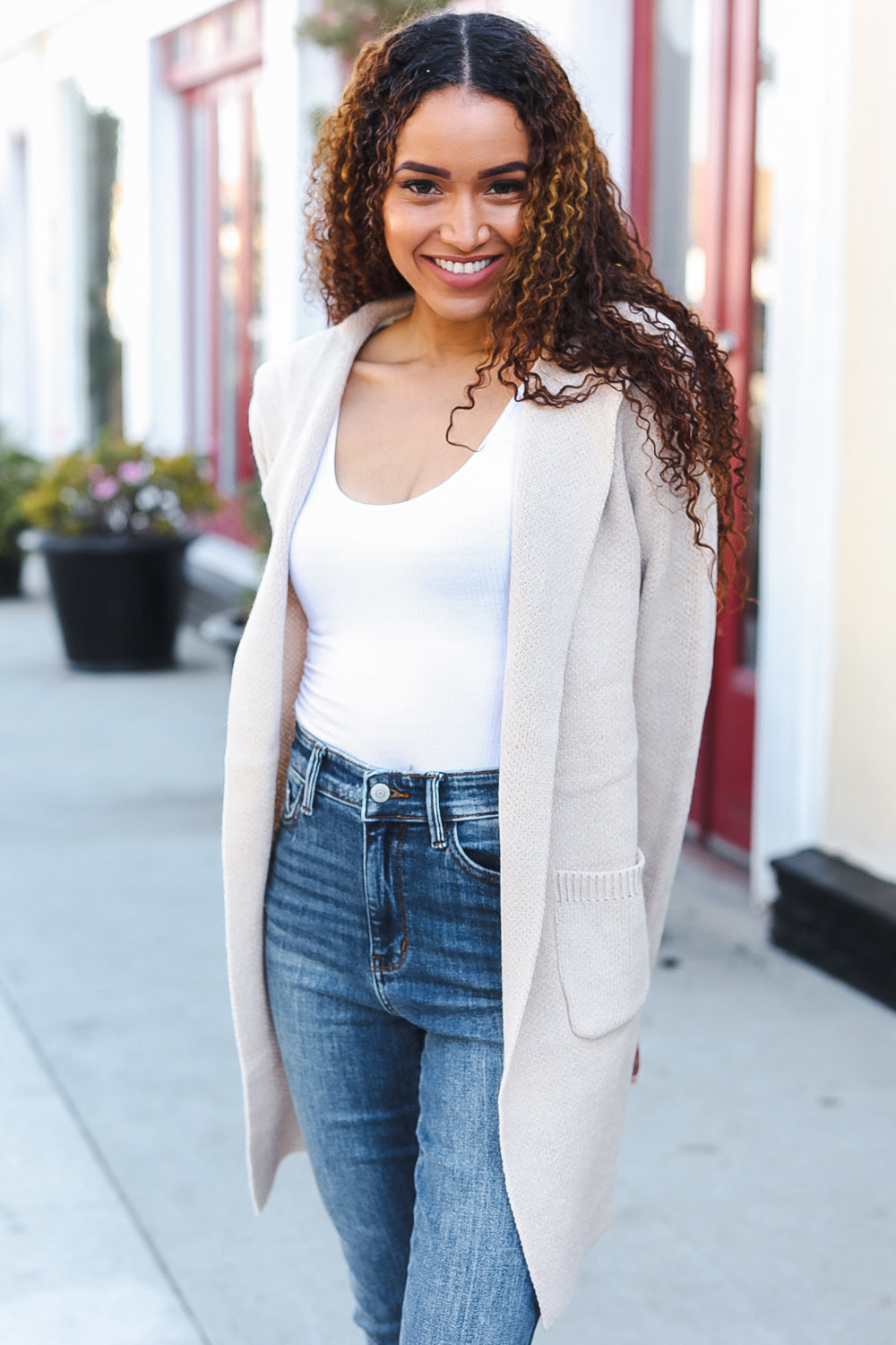 Zenana Taupe Open Sweater Cardigan Hoodie With Pockets