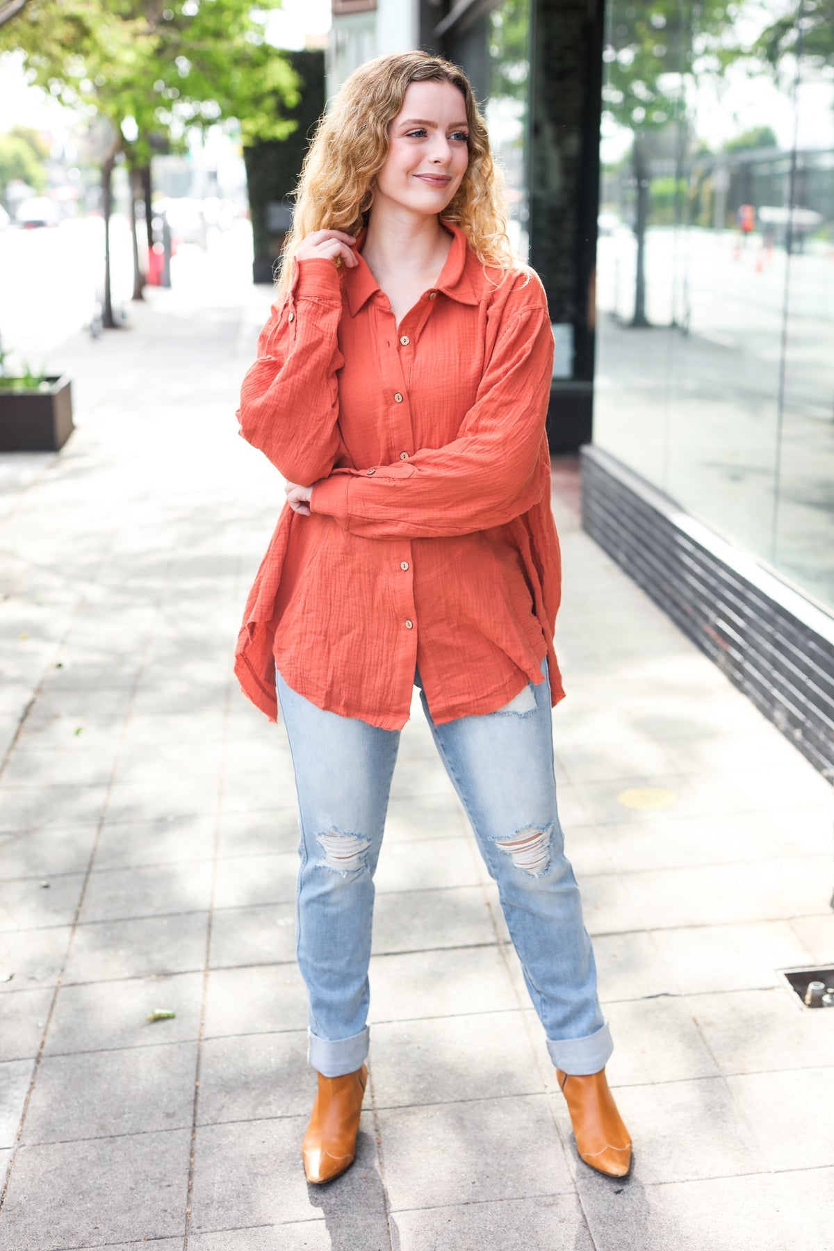 Haptics Rust Button Down Sharkbite Cotton Tunic Top