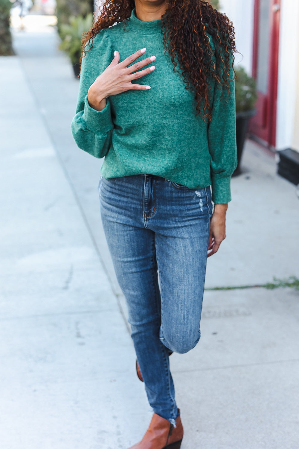 Zenana Green Brushed Melange Puff  Sleeve Sweater