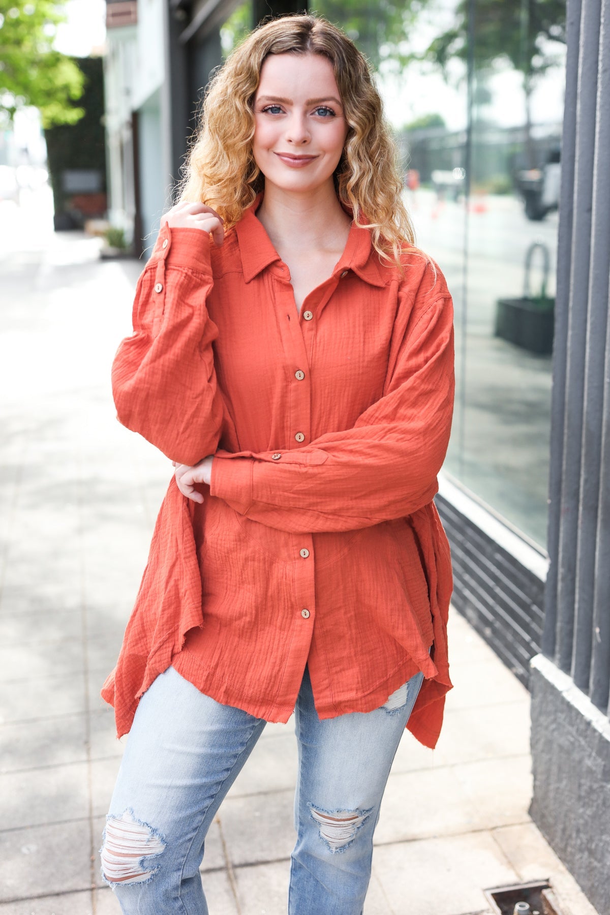 Haptics Rust Button Down Sharkbite Cotton Tunic Top