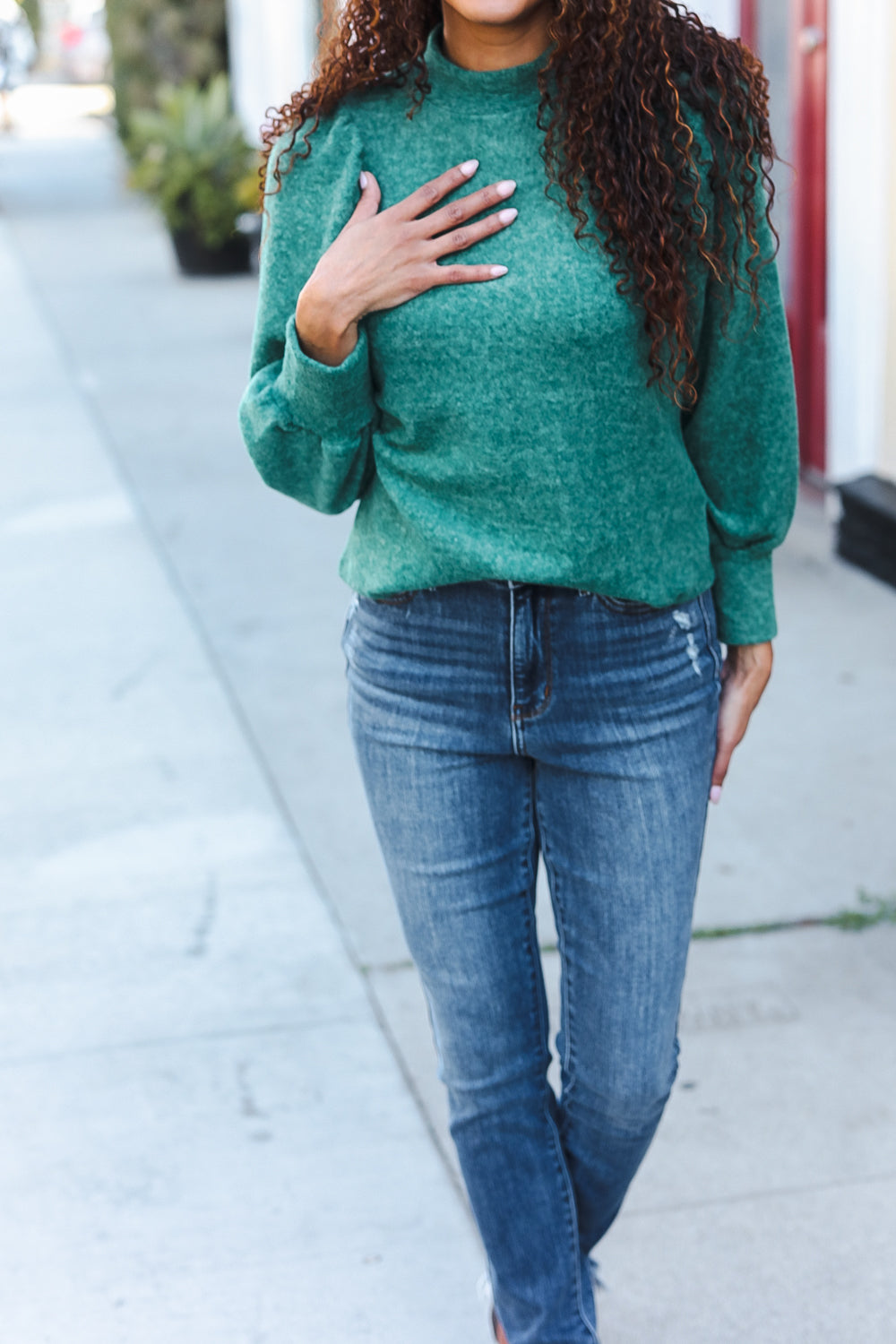 Zenana Green Brushed Melange Puff  Sleeve Sweater